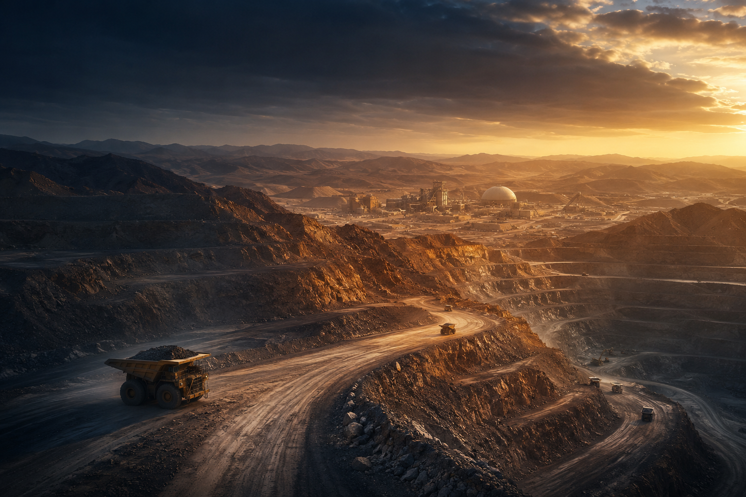 Haul trucks descending the benches of an open-pit mine at sunset, with a processing plant on the horizon