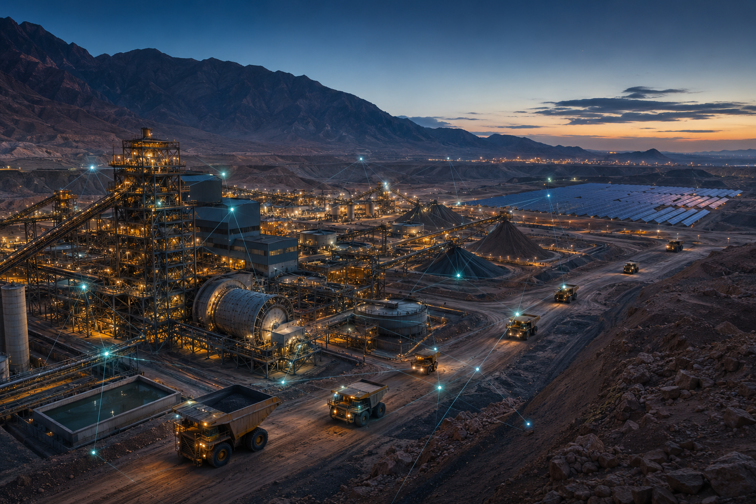 A processing plant and haul fleet lit up at dusk