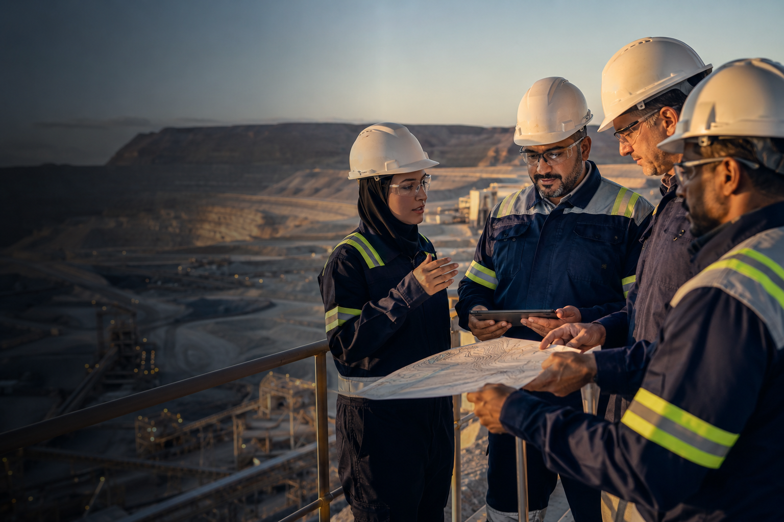 Four mining professionals in hi-vis coveralls and hard hats reviewing a plan on a lookout above an open pit