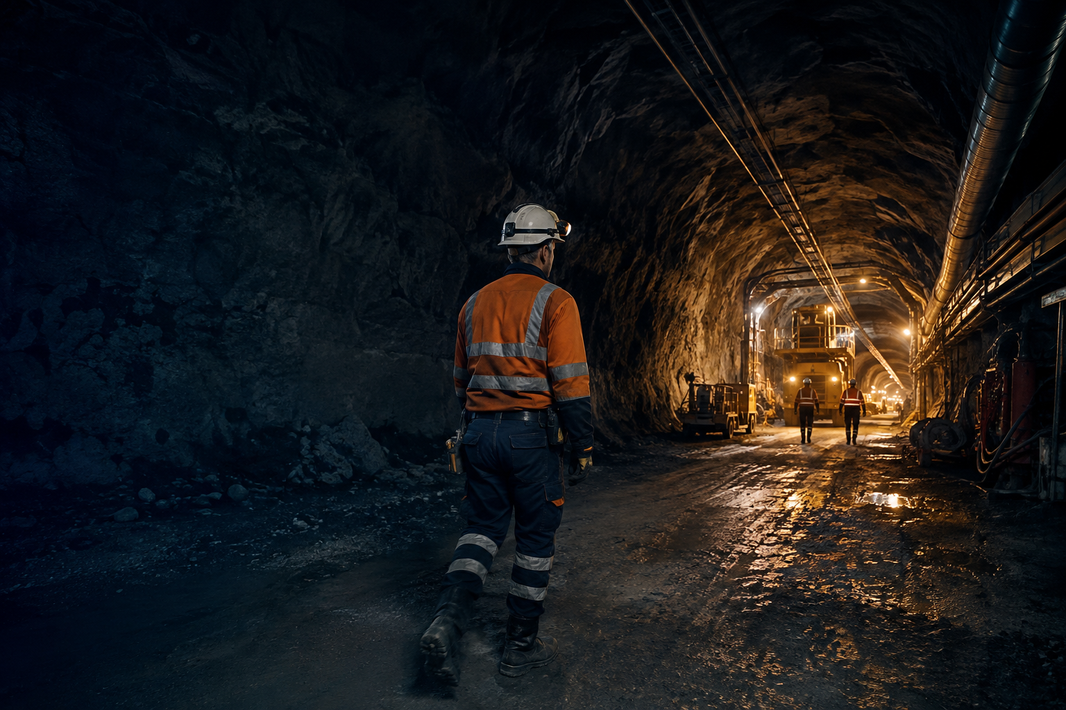 A supervisor walking a lit underground decline as a loader works in the distance